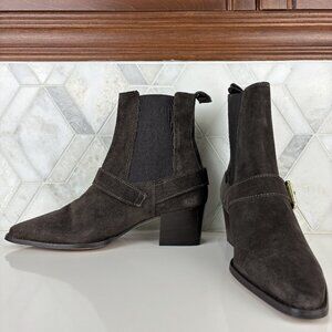 39 9 Dark Brown Ankle Boot Pull On Chelsea Pointed Toe Block Heel Western Buckle